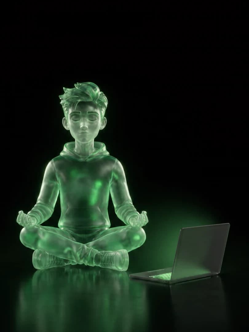 The Zen figure, seated, rendered in green glass